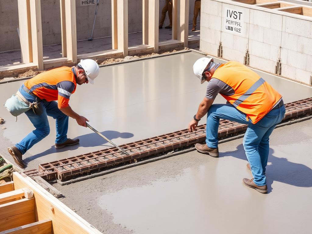Workers screeding a fresh concrete slab